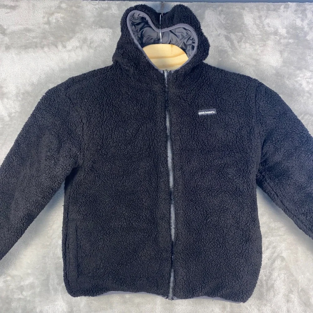 Eddie‎ Bauer Kids Reversible Puffer Fleece Hooded Jacket Gray Black